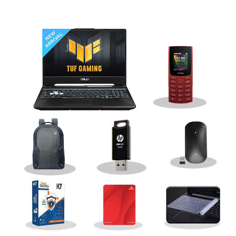 Picture of Asus TUF Gaming A15 - AMD Ryzen 7 7435HS 15.6" (39.62cm) FA566NFR-HN045WS  Gaming Laptop (16GB/ 512GB SSD/ Full HD Display/ Windows 11 Home/ 4 GB Graphics/ MS Office/ NVIDIA GeForce RTX 2050/ 1Year Warranty/ Graphite Black/ 2.30kg)  with Nokia 106 Keypad Phone + Laptop Bag + K7 Antivirus + Wireless Mouse + Mouse Pad + Pendrive + Laptop Key Skin